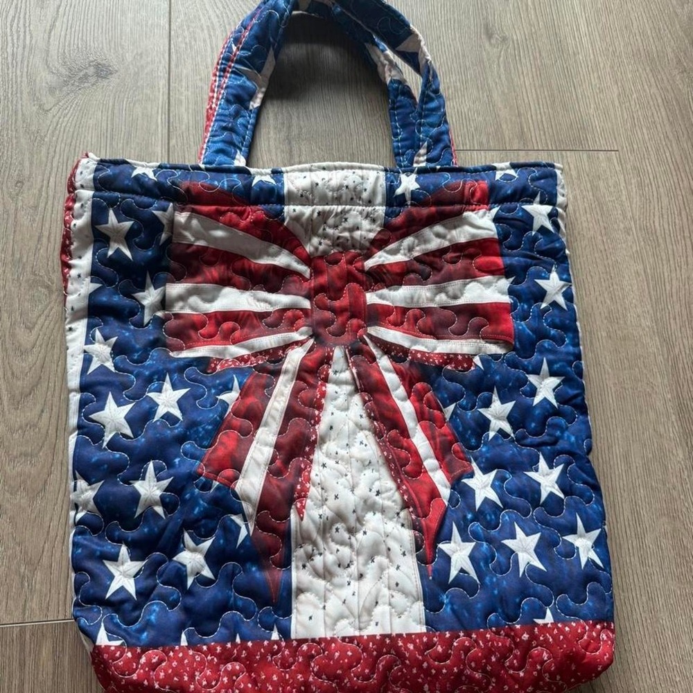 Handmade Patriotic Quilted Tote Bag Red White Blue Stars Bow
